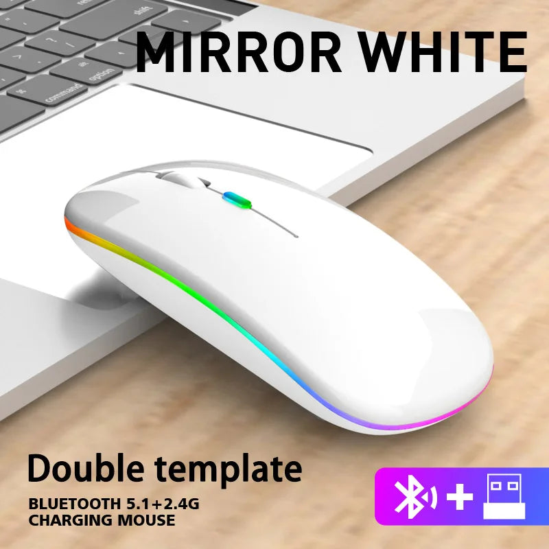 Wireless Mouse Bluetooth and 2.4GHz Dual Modes Rechargeable RGB Ergonomic Silent Click