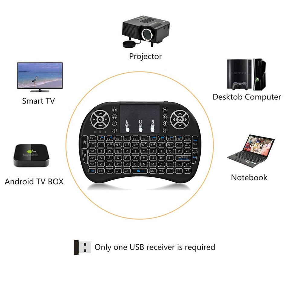 I8 2.4GHz Backlit Mini Wireless Remote Keyboard w/ Touchpad for Laptop/PC/Tablets/Windows/Mac/TV/Console