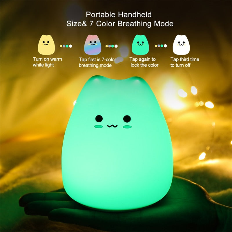 Cute Kawaii Silicone Popular Cat Baby Pat Touch Colorful LED Light Bedroom Bedside Nightlight