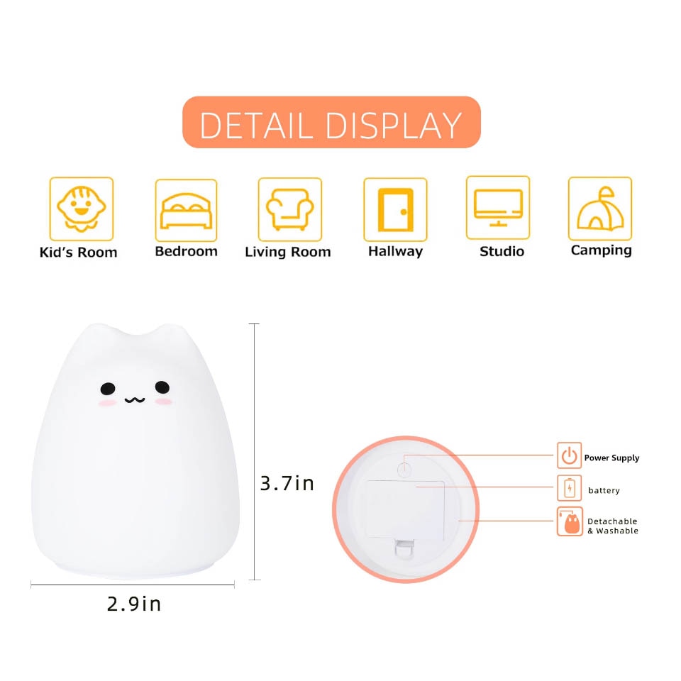 Cute Kawaii Silicone Popular Cat Baby Pat Touch Colorful LED Light Bedroom Bedside Nightlight